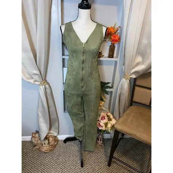 bebe GUC size Large Front Zip Velvet Like Feel Olive Green Jumpsuit - Picture 5 of 12
